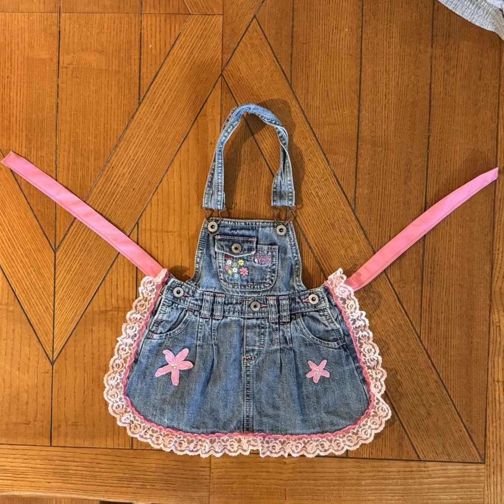 OshKosh Bgosh Denim Apron Repurposed Floral Embroidery Pink Lace Trim Handmade